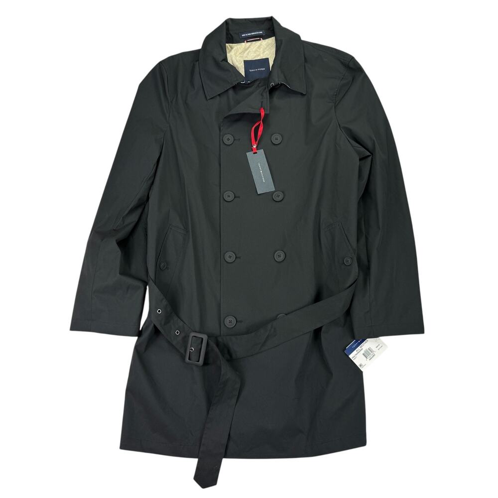 Tommy Hilfiger Mens Pratt Modern Fit Double-Breasted Rain Coat Black 44R